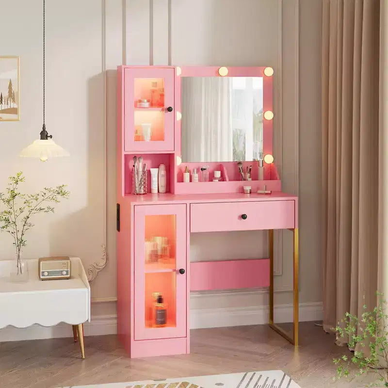 Toeletta con Specchio e Luci, Tavolo da Trucco con Lampadine Regolabili, Piano Robusto in MDF e Gambe in Metallo, Cassetti e Armadietti Intelligenti per Camera da Letto