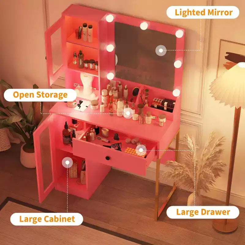 Toeletta con Specchio e Luci, Tavolo da Trucco con Lampadine Regolabili, Piano Robusto in MDF e Gambe in Metallo, Cassetti e Armadietti Intelligenti per Camera da Letto