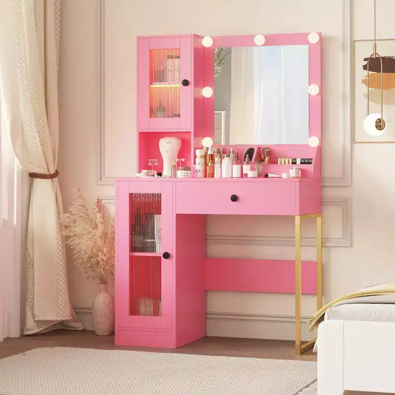 Toeletta con Specchio e Luci, Tavolo da Trucco con Lampadine Regolabili, Piano Robusto in MDF e Gambe in Metallo, Cassetti e Armadietti Intelligenti per Camera da Letto