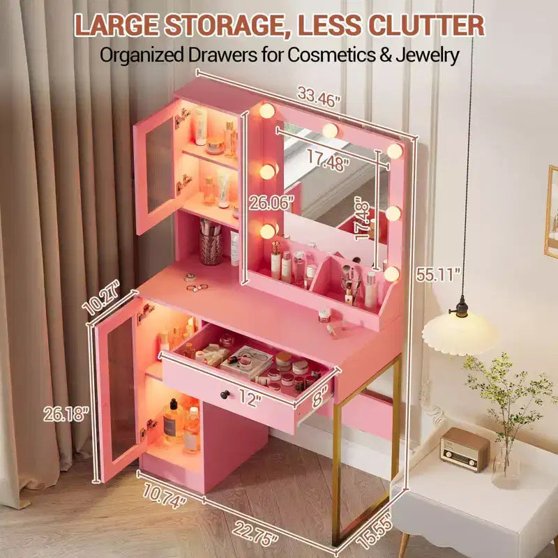 Toeletta con Specchio e Luci, Tavolo da Trucco con Lampadine Regolabili, Piano Robusto in MDF e Gambe in Metallo, Cassetti e Armadietti Intelligenti per Camera da Letto
