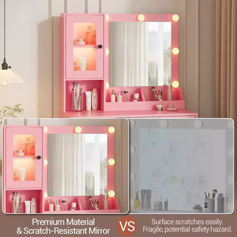 Toeletta con Specchio e Luci, Tavolo da Trucco con Lampadine Regolabili, Piano Robusto in MDF e Gambe in Metallo, Cassetti e Armadietti Intelligenti per Camera da Letto