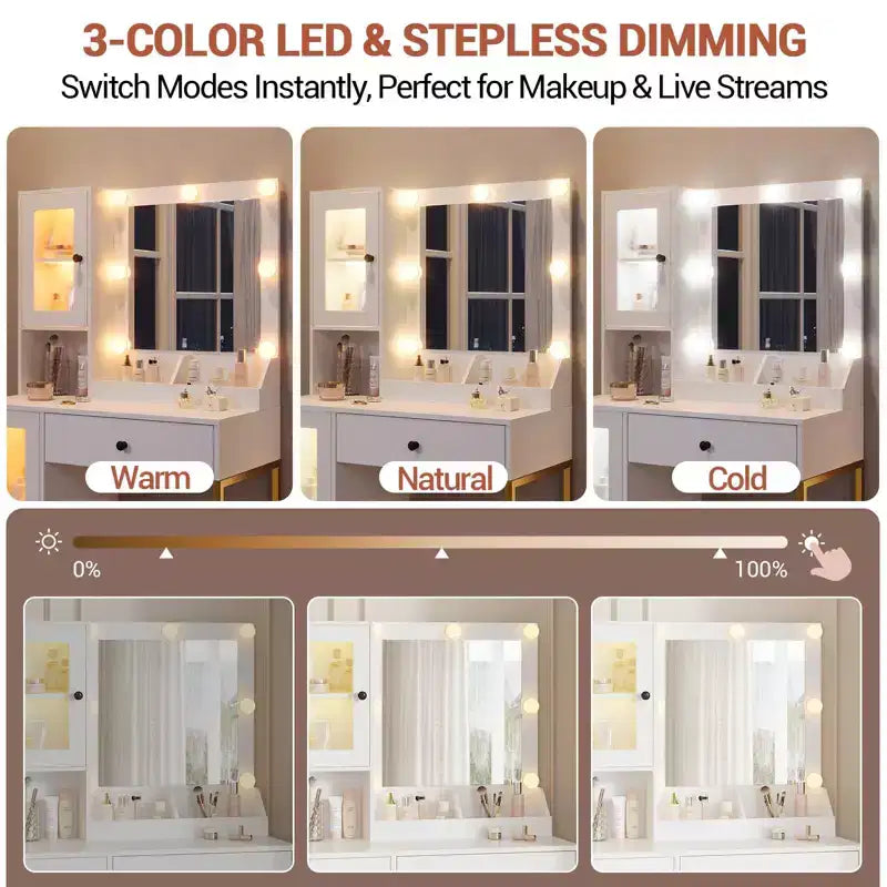 Toeletta con Specchio e Luci, Tavolo da Trucco con Lampadine Regolabili, Piano Robusto in MDF e Gambe in Metallo, Cassetti e Armadietti Intelligenti per Camera da Letto