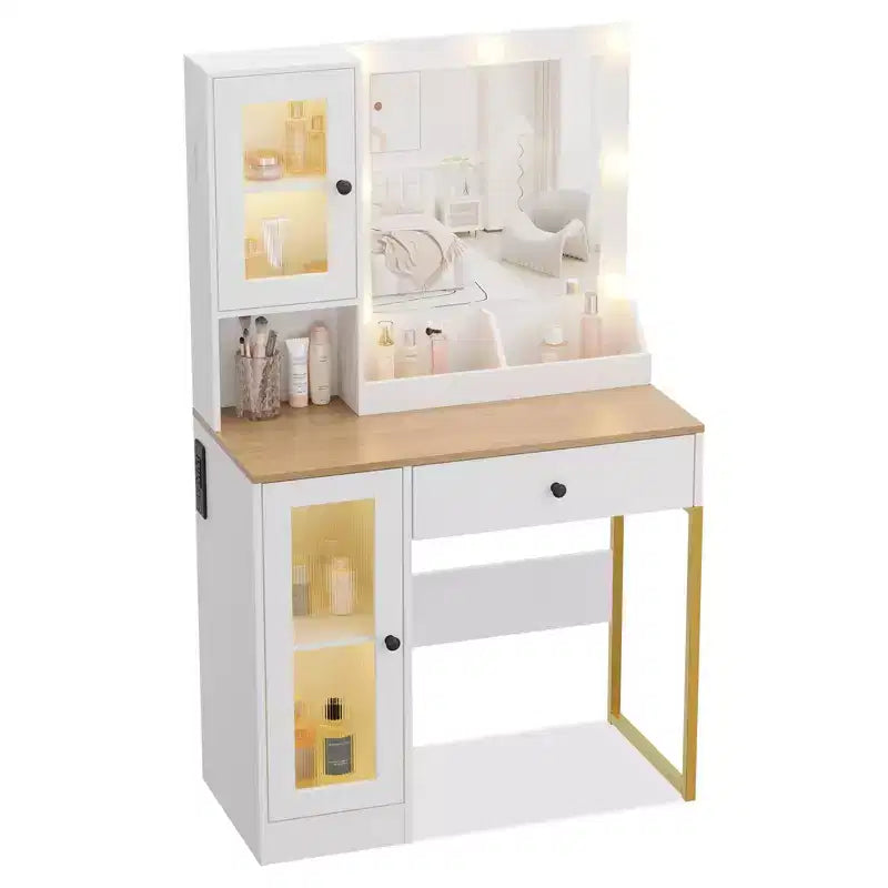 Toeletta con Specchio e Luci, Tavolo da Trucco con Lampadine Regolabili, Piano Robusto in MDF e Gambe in Metallo, Cassetti e Armadietti Intelligenti per Camera da Letto