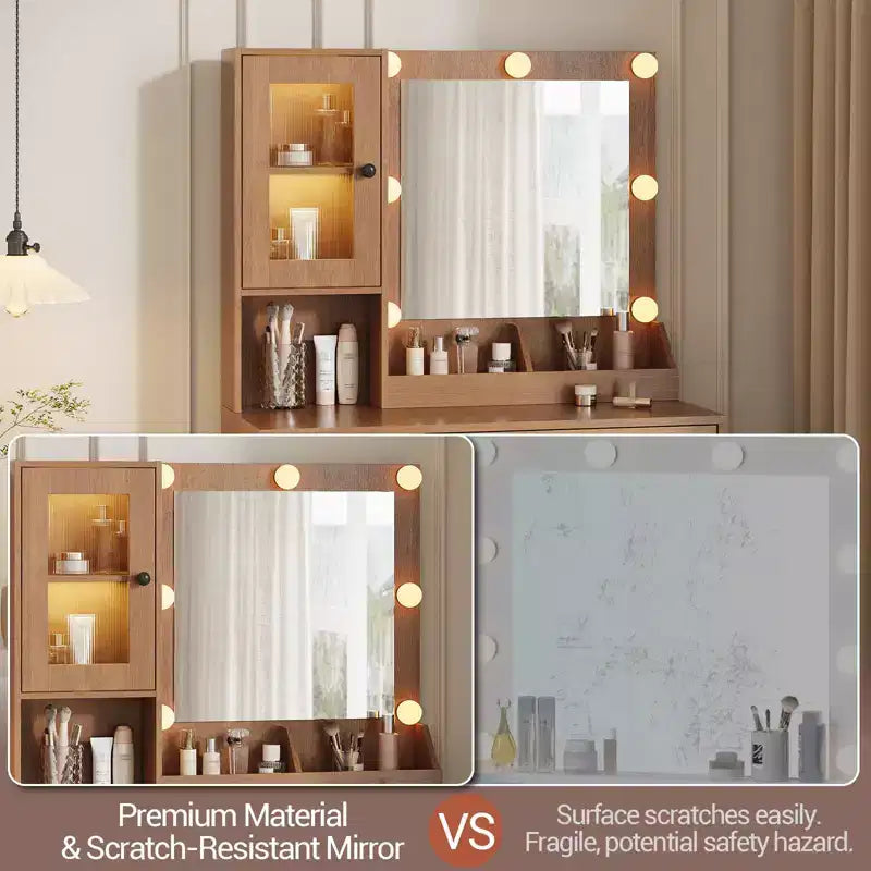 Toeletta con Specchio e Luci, Tavolo da Trucco con Lampadine Regolabili, Piano Robusto in MDF e Gambe in Metallo, Cassetti e Armadietti Intelligenti per Camera da Letto