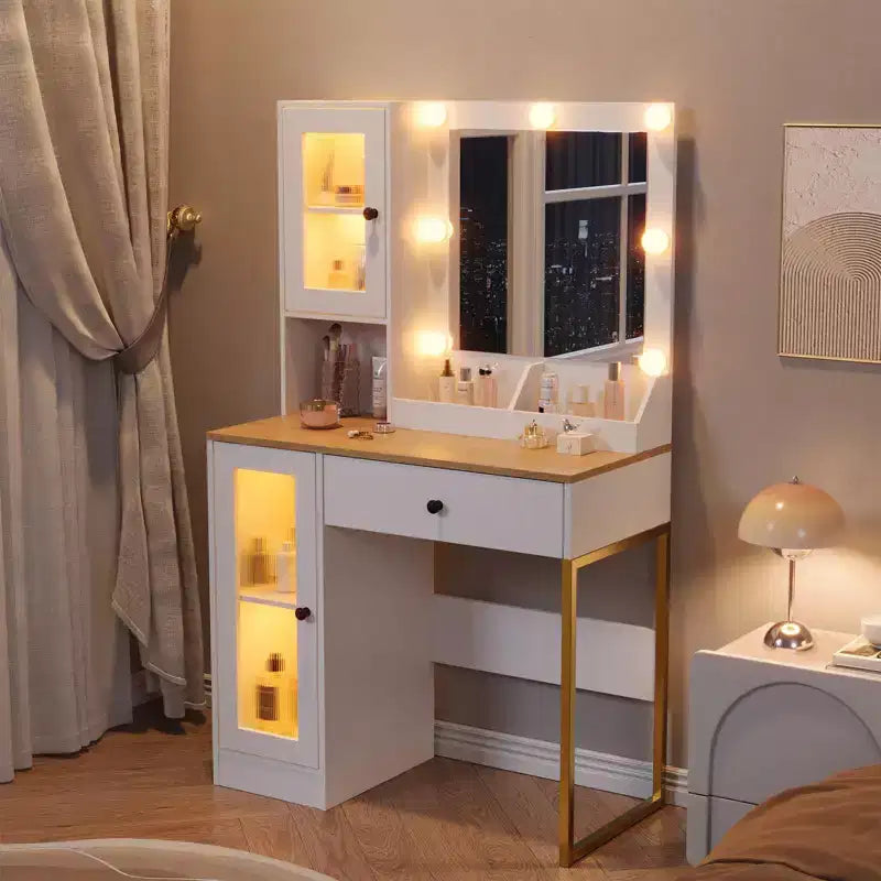 Toeletta con Specchio e Luci, Tavolo da Trucco con Lampadine Regolabili, Piano Robusto in MDF e Gambe in Metallo, Cassetti e Armadietti Intelligenti per Camera da Letto