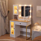 Toeletta con Specchio e Luci, Tavolo da Trucco con Lampadine Regolabili, Piano Robusto in MDF e Gambe in Metallo, Cassetti e Armadietti Intelligenti per Camera da Letto