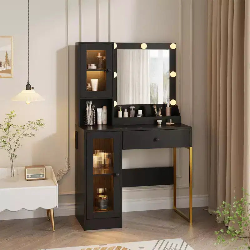 Toeletta con Specchio e Luci, Tavolo da Trucco con Lampadine Regolabili, Piano Robusto in MDF e Gambe in Metallo, Cassetti e Armadietti Intelligenti per Camera da Letto