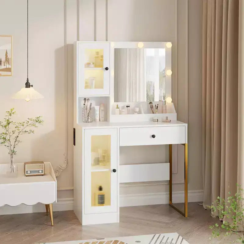 Toeletta con Specchio e Luci, Tavolo da Trucco con Lampadine Regolabili, Piano Robusto in MDF e Gambe in Metallo, Cassetti e Armadietti Intelligenti per Camera da Letto