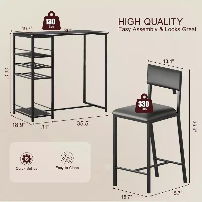 Set Tavolo da Pranzo per 2 Persone, Set Tavolo Bar Alto e Sedie, Ripiani a Giorno, Portabicchieri Incorporato e Porta Bottiglie, per Piccole Cucine, Appartamenti