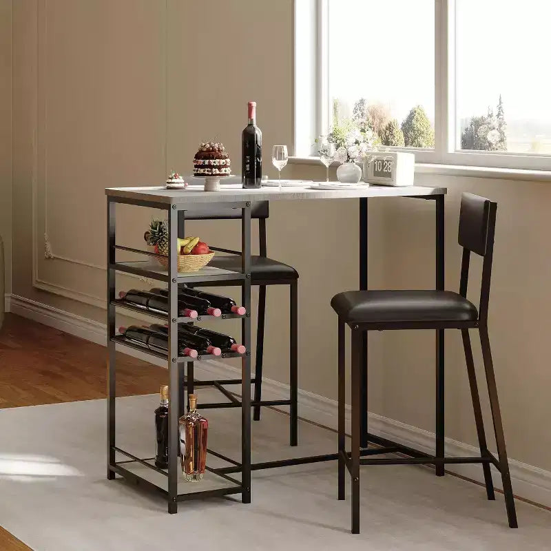 Set Tavolo da Pranzo per 2 Persone, Set Tavolo Bar Alto e Sedie, Ripiani a Giorno, Portabicchieri Incorporato e Porta Bottiglie, per Piccole Cucine, Appartamenti