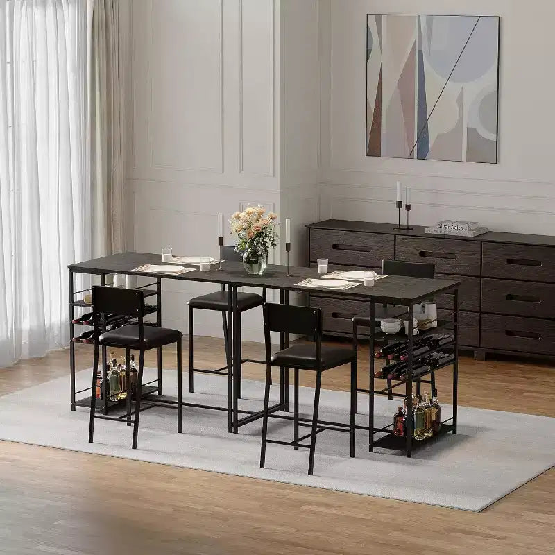 Set Tavolo da Pranzo per 2 Persone, Set Tavolo Bar Alto e Sedie, Ripiani a Giorno, Portabicchieri Incorporato e Porta Bottiglie, per Piccole Cucine, Appartamenti