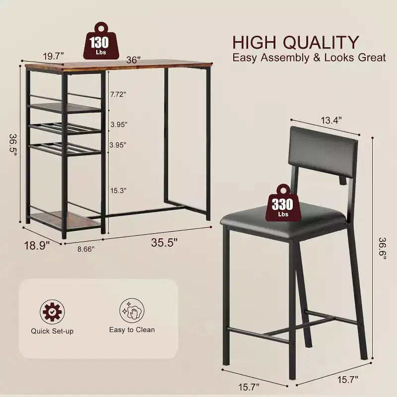 Set Tavolo da Pranzo per 2 Persone, Set Tavolo Bar Alto e Sedie, Ripiani a Giorno, Portabicchieri Incorporato e Porta Bottiglie, per Piccole Cucine, Appartamenti