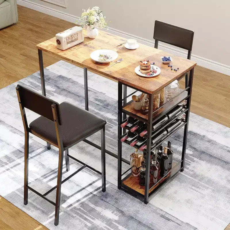 Set Tavolo da Pranzo per 2 Persone, Set Tavolo Bar Alto e Sedie, Ripiani a Giorno, Portabicchieri Incorporato e Porta Bottiglie, per Piccole Cucine, Appartamenti