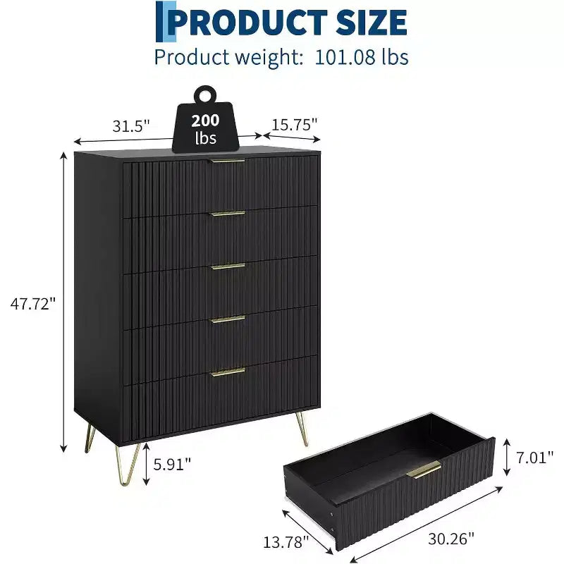 Cassettiera a 5 cassetti scanalati larghi 81 cm, finitura nera con maniglie in metallo, organizer multifunzionale per camera da letto, soggiorno, corridoio