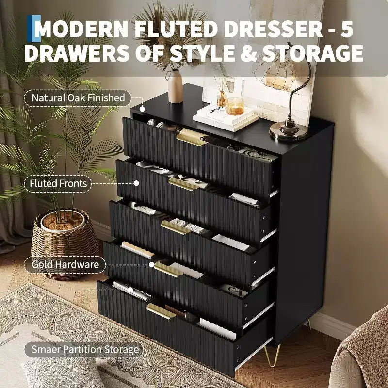 Cassettiera a 5 cassetti scanalati larghi 81 cm, finitura nera con maniglie in metallo, organizer multifunzionale per camera da letto, soggiorno, corridoio