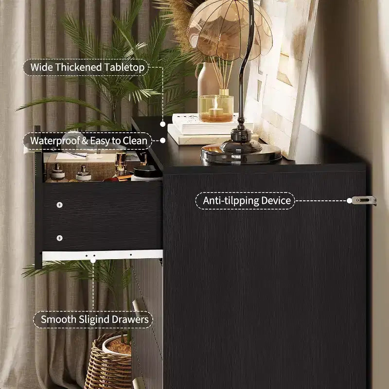 Cassettiera a 5 cassetti scanalati larghi 81 cm, finitura nera con maniglie in metallo, organizer multifunzionale per camera da letto, soggiorno, corridoio
