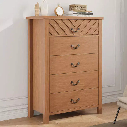 5 Drawer Dresser for Bedroom, Brown 5 Chest of Drawers Nightstand with Elegant V Shape Design, Wooden Dresser Organizer for Living Room, Entryway