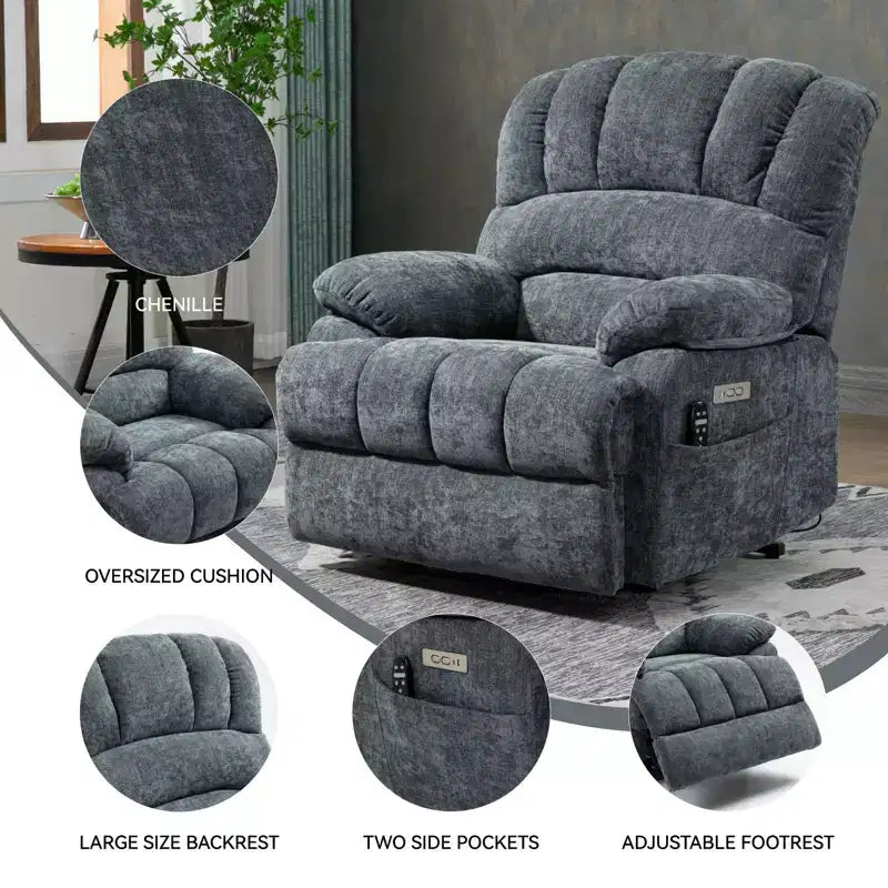 Poltrona reclinabile elettrica alza-persona in ciniglia blu grigio di grandi dimensioni, con larghezza seduta di 58 cm, schienale alto, massaggio a vibrazione a 8 punti e riscaldamento lombare
