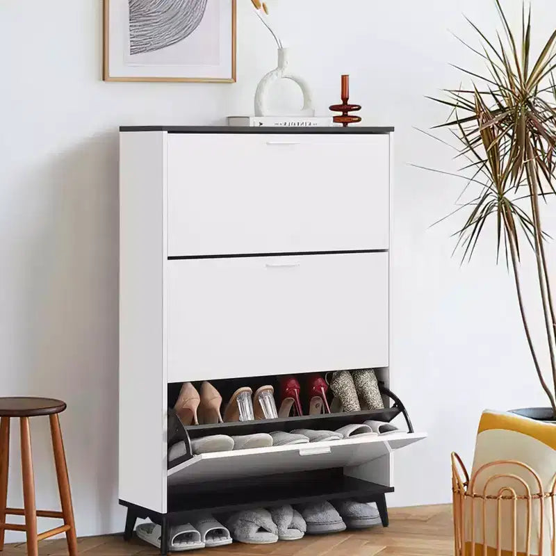 47 Farmhouse Shoe Cabinet with 3 Flip Drawers - Freestanding Narrow Entryway Storage, White Shoe Rack Organizer for Hallway (Shoe Storage Cabinet)