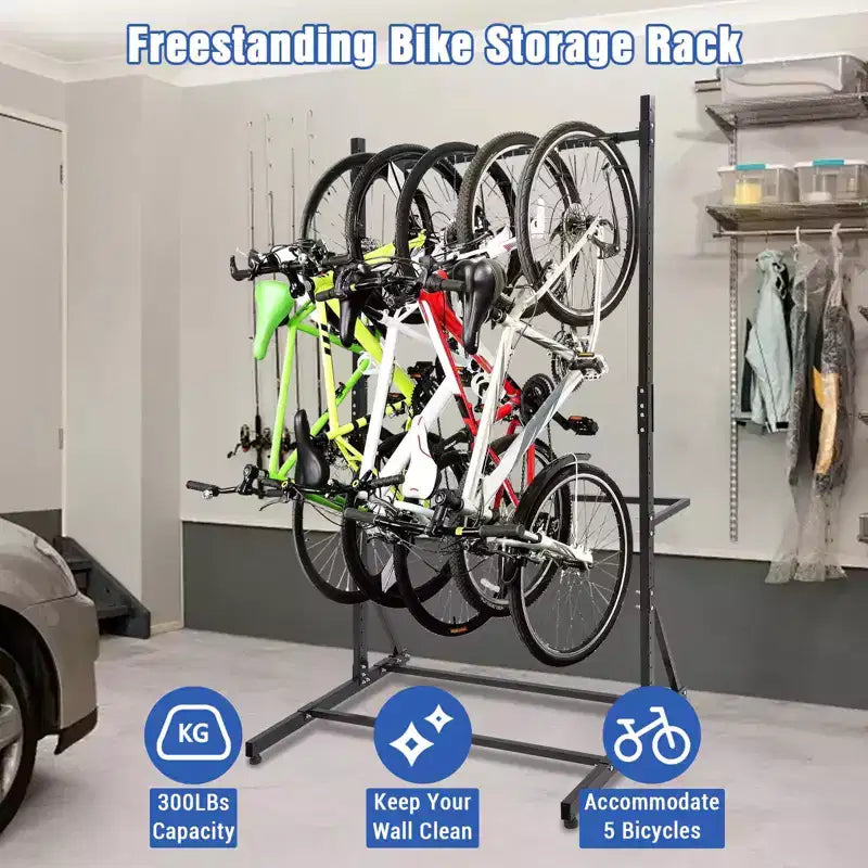 Portabiciclette Autoportante per 5 Biciclette, Portabiciclette Verticale con Capacità di 136 kg, Portabiciclette Interno Regolabile in Altezza, Nero