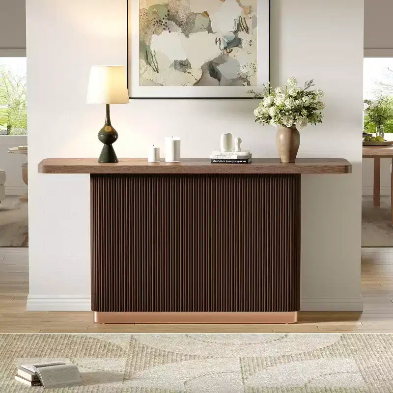 Tavolo Consolle da Ingresso, Tavolo da Corridoio Moderno, Base Scanalata con Accento Metallico, Marrone - ModernLuxe