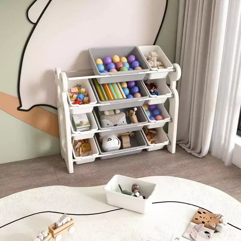 MAYEERTY Organizer portaoggetti per giocattoli per bambini, libreria a 2 ripiani 12 contenitori per giocattoli, sala giochi camera da letto camera dei bambini aula