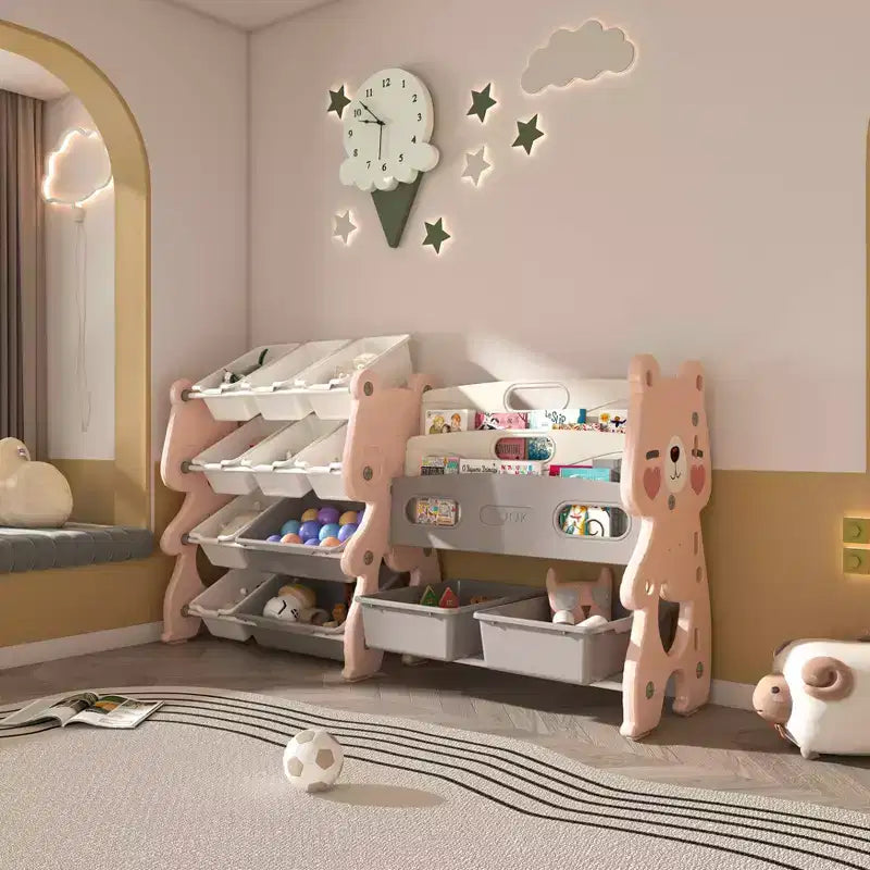 MAYEERTY Organizer portaoggetti per giocattoli per bambini, libreria a 2 ripiani 12 contenitori per giocattoli, sala giochi camera da letto camera dei bambini aula