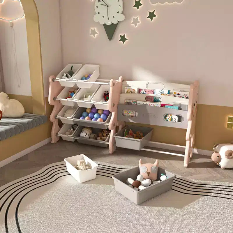 MAYEERTY Organizer portaoggetti per giocattoli per bambini, libreria a 2 ripiani 12 contenitori per giocattoli, sala giochi camera da letto camera dei bambini aula