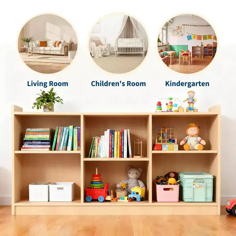 Scaffale Montessori, Organizzatore Giocattoli e Libri a 6 Scomparti con Divisori Regolabili, Libreria per Bambini con Finitura Naturale per Sale Giochi e Aule Scolastiche