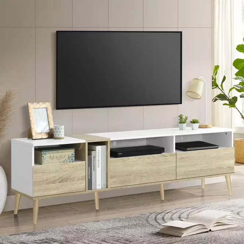 Mobile TV moderno Clihome con 3 cassetti e ripiani aperti, tavolo consolle multimediale per TV fino a 80'', centro di intrattenimento per soggiorno, design in colori abbinati