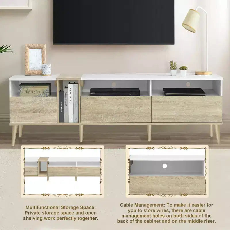 Mobile TV moderno Clihome con 3 cassetti e ripiani aperti, tavolo consolle multimediale per TV fino a 80'', centro di intrattenimento per soggiorno, design in colori abbinati