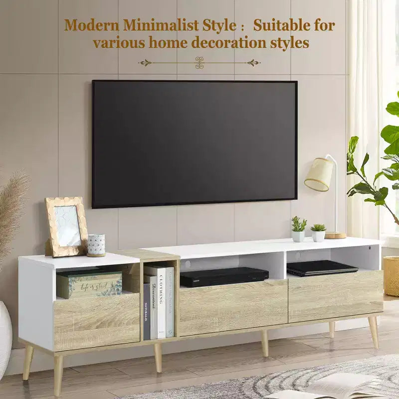 Mobile TV moderno Clihome con 3 cassetti e ripiani aperti, tavolo consolle multimediale per TV fino a 80'', centro di intrattenimento per soggiorno, design in colori abbinati