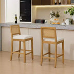 TUYOHW Set di 2 sgabelli da bar in legno massello ad altezza bancone, sedie da bar con schienale scavato effetto rattan e cuscino in lino, sedie da cucina per sala da pranzo, bar