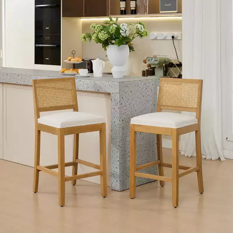 TUYOHW Solid Wood Counter Height Bar Stools Set of 2,Bar Chairs with Rattan-Like Hollow Back & Linen Cushion,Kitchen Chairs for Dining Room,Bar
