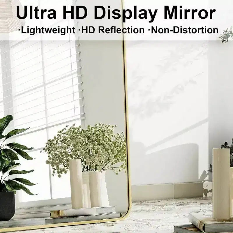 Specchio a figura intera da 56 x 21 pollici con cornice in alluminio dorato dagli angoli arrotondati per soggiorno, camera da letto, guardaroba, specchio da parete o da appoggio