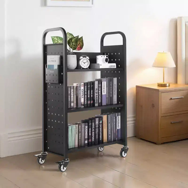 VEVOR Carrello da Biblioteca con Ruote, Capacità 150 kg, 77 x 38 x 122 cm, Carrello da Biblioteca con Ripiani a L su un Lato e Ruote Bloccabili da 3 Pollici, Nero