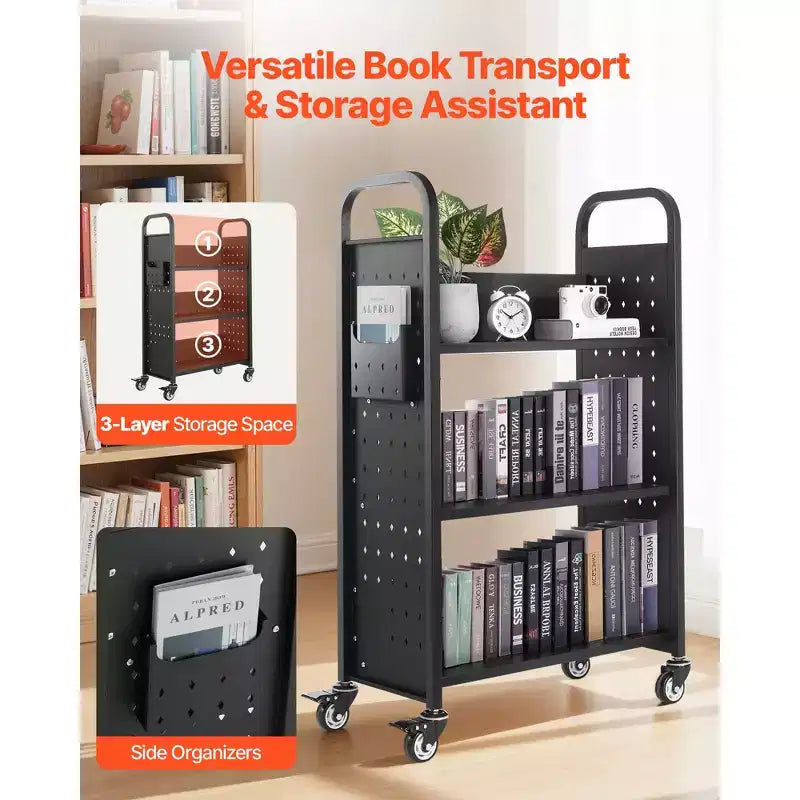 VEVOR Carrello da Biblioteca con Ruote, Capacità 150 kg, 77 x 38 x 122 cm, Carrello da Biblioteca con Ripiani a L su un Lato e Ruote Bloccabili da 3 Pollici, Nero