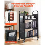 VEVOR Carrello da Biblioteca con Ruote, Capacità 150 kg, 77 x 38 x 122 cm, Carrello da Biblioteca con Ripiani a L su un Lato e Ruote Bloccabili da 3 Pollici, Nero