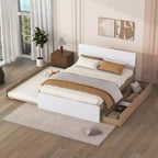 Struttura letto matrimoniale moderna con letto estraibile singolo e 2 cassetti, non necessita di box spring, struttura letto a piattaforma per camera da letto, bianco+rovere