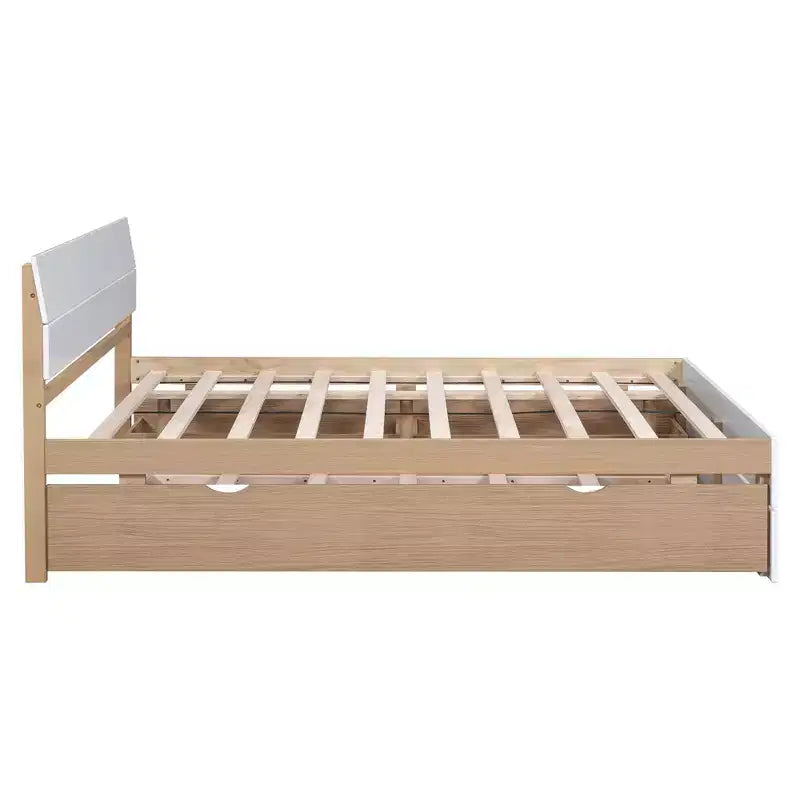 Struttura letto matrimoniale moderna con letto estraibile singolo e 2 cassetti, non necessita di box spring, struttura letto a piattaforma per camera da letto, bianco+rovere