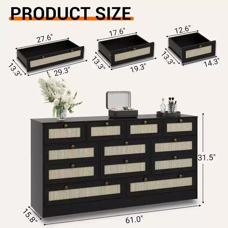 COZONY Cassettiera in legno a 12 cassetti per camera da letto, Comò in legno largo 61", Cassettiera moderna e porta TV per TV da 65" per soggiorno o corridoio