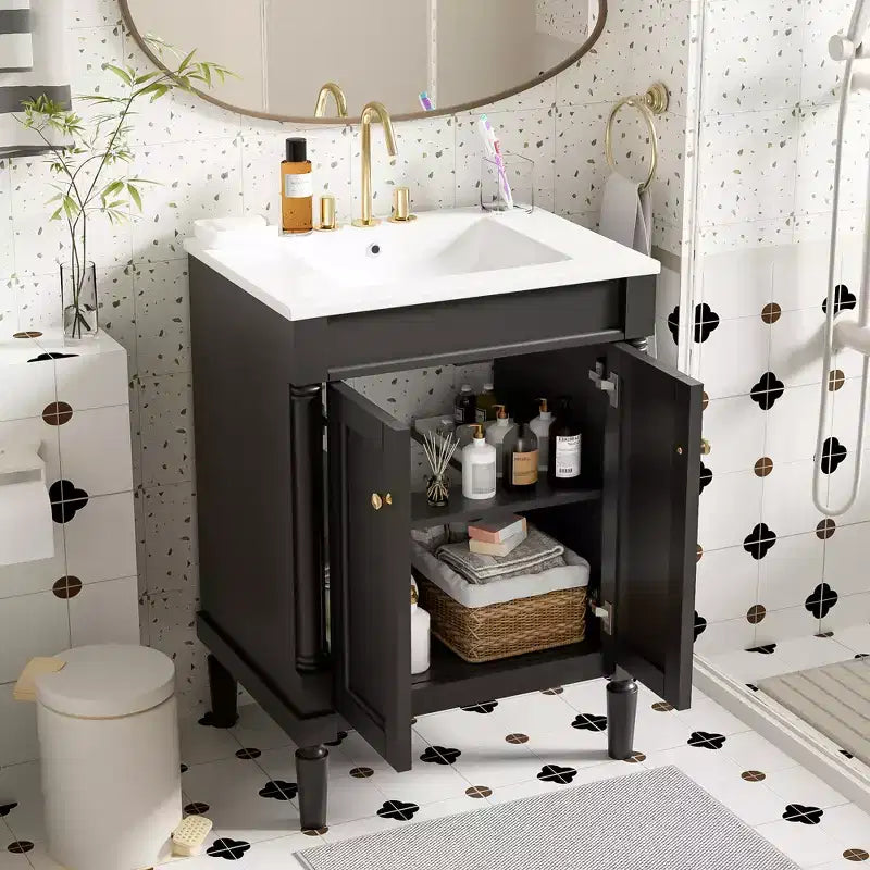 Mobile bagno da 60 cm con lavabo, armadietto da bagno con 2 ripiani, mobile da bagno in legno autoportante