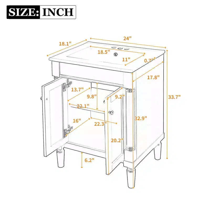 Mobile bagno da 60 cm con lavabo, armadietto da bagno con 2 ripiani, mobile da bagno in legno autoportante
