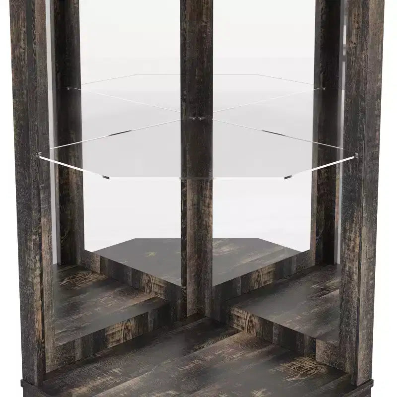 Mobile angolare da 72 pollici per bar in stile rustico con porta scorrevole a granaio, specchio acrilico, portabicchieri e portavini, noce - ModernLuxe