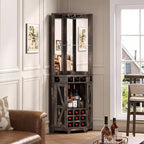 Mobile angolare da 72 pollici per bar in stile rustico con porta scorrevole a granaio, specchio acrilico, portabicchieri e portavini, noce - ModernLuxe