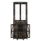 Mobile angolare da 72 pollici per bar in stile rustico con porta scorrevole a granaio, specchio acrilico, portabicchieri e portavini, noce - ModernLuxe