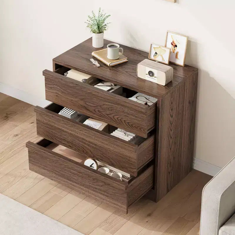 Comodino a 3 cassetti per camera da letto, comodino a 3 cassetti in noce con ampio spazio di archiviazione, piccolo comodino per soggiorno, asilo nido, ingresso