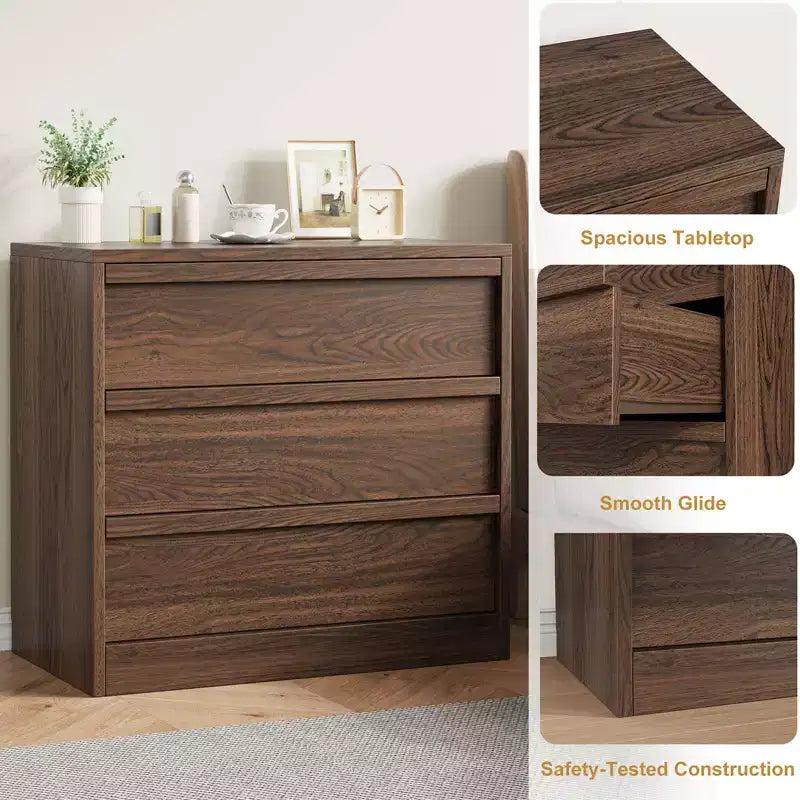 Comodino a 3 cassetti per camera da letto, comodino a 3 cassetti in noce con ampio spazio di archiviazione, piccolo comodino per soggiorno, asilo nido, ingresso
