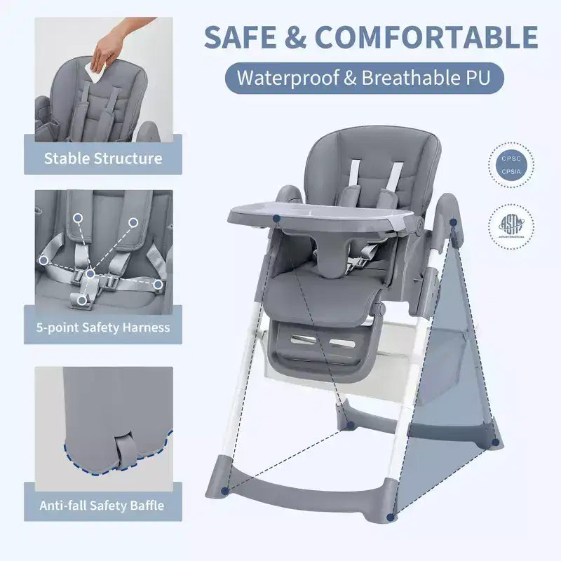 Seggiolone Pappa Pieghevole per Bambini con Imbracatura a 5 Punti - Altezza Regolabile, Vassoio Rimovibile e Ruote Bloccabili, Seggiolone Portatile in Pelle PU (Grigio Scuro)