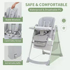 Seggiolone Pappa Pieghevole per Bambini con Imbracatura a 5 Punti - Altezza Regolabile, Vassoio Rimovibile e Ruote Bloccabili, Seggiolone Portatile in Pelle PU (Grigio Scuro)